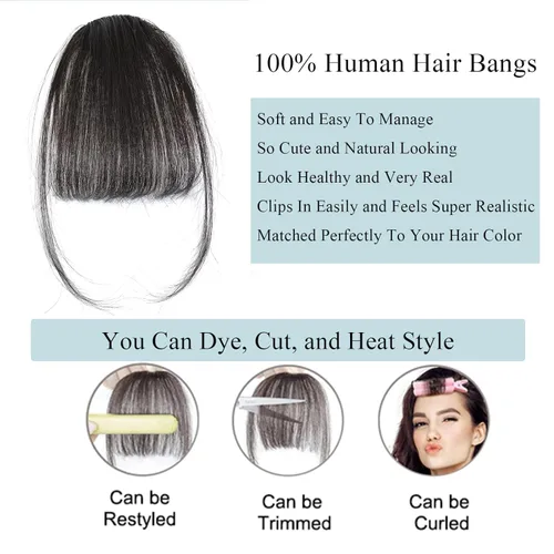 Miniatura 3 de MOCA HAIR 100 % cabello humano con clip en flequillo, color negro y marrón claro, cabello humano real para cabello natural