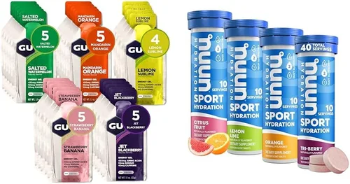 GU Energy Original Sports Nutrition - Gel energético, 24 unidades, sabores frutales surtidos y tabletas de electrolitos Nuun Sport para hidratación