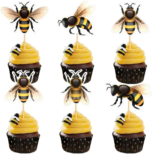 Miniatura 11 de Ercadio 24 piezas de decoración de cupcakes de abeja con purpurina de nido de abeja y miel para temática de abejas, baby shower, niños y niñas
