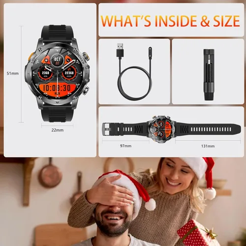 Miniatura 9 de KPEP Military Smart Watches for Men with 2 Straps, 1000mAh Battery/LED Flashlight/IP67 Waterproof Smartwatch, Stress/Blood Oxygen/Heart Rate/Sleep
