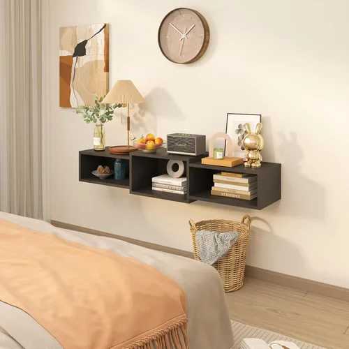 Miniatura 5 de IBUYKE Soporte flotante para TV montado en la pared con toma de corriente, moderno estante de consola de madera montado en la pared, centro