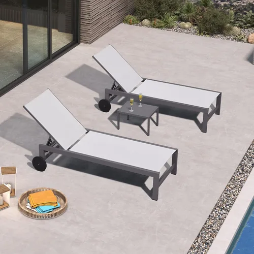 Miniatura 38 de PURPLE LEAF Juego de tumbonas para exteriores para 2 sillas de piscina de gran tamaño con ruedas fáciles de mover y respaldo ajustable, tumbonas