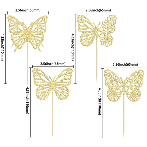 Miniatura 2 de Gyufise Paquete de 24 adornos de mariposa ensamblados con purpurina dorada, decoraciones de mariposa dorada, púas para cupcakes, bodas, 4-dorado