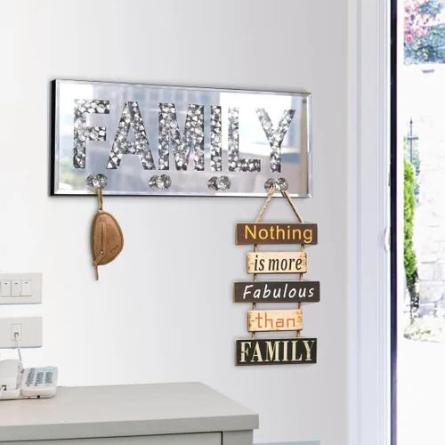 Miniatura 4 de Crushed Diamond Mirrored FAMILY - Letrero de placa de letras de espejo plateado de 15 pulgadas con 4 ganchos acrílicos de cristal, colgador