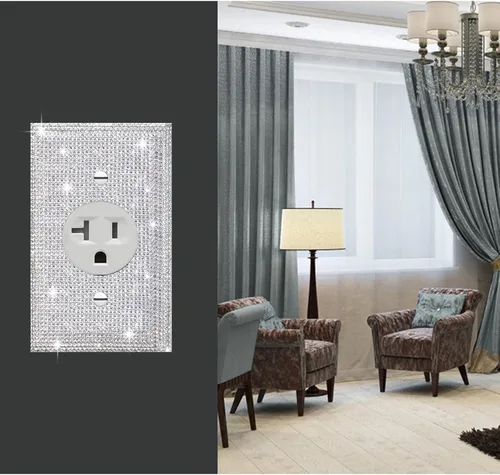 Miniatura 5 de Placas de pared brillantes de diamantes de imitación plateados, cubierta decorativa para interruptor de luz, placa de salida redonda única Diamantes
