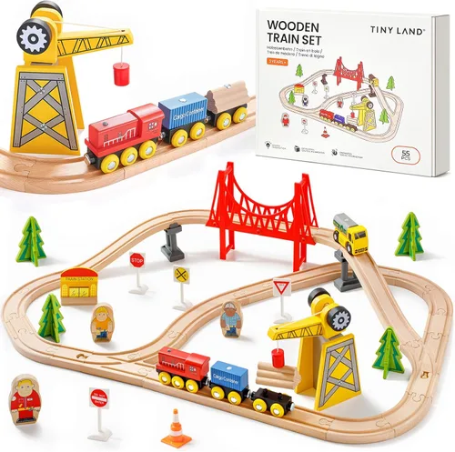 Tiny Land 55 piezas de juego de tren de madera - Compatible con pistas de marcas principales, juguete educativo para niños de 3 a 7 años, duraderos