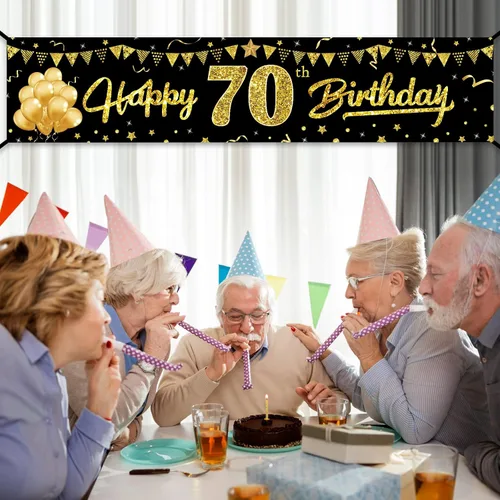 Miniatura 6 de Cartel de feliz cumpleaños 70 para mujeres y hombres, suministros de fiesta de cumpleaños de 70 años de color negro y dorado, divertido tema de 70
