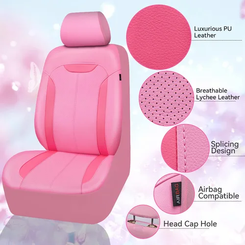 Miniatura 3 de CAR PASS Juego completo de fundas de asiento de automóvil de cuero rosa, protección de asiento impermeable transpirable de lujo, compatible con Rosa