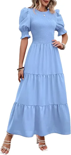 Miniatura 6 de BTFBM Vestidos para mujer, cuello redondo, casual, de verano, con volantes, manga corta, bohemio, con niveles, fruncido, largo, con estampado floral
