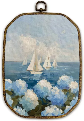Yjeslw Arte de Pared Octagonal de Velero Costero de Playa con Hortensias, Impresiones en Lienzo Enmarcadas de Velero Náutico Playero, Decoraciones