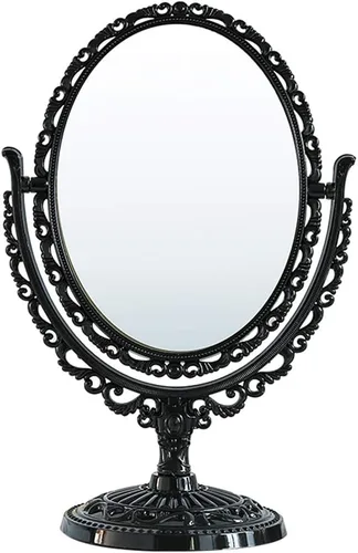 Espejo de maquillaje de mesa de doble cara, soporte de escritorio giratorio ovalado, rotación de 360 grados, espejo vintage de dos caras (negro)