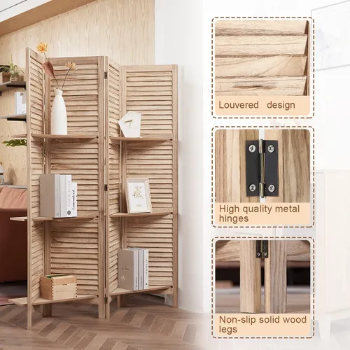 Miniatura 4 de Divisor de habitación de 4 paneles con 3 estantes de almacenamiento extraíbles, pantalla de privacidad plegable de 5.6 pies, divisor de pared