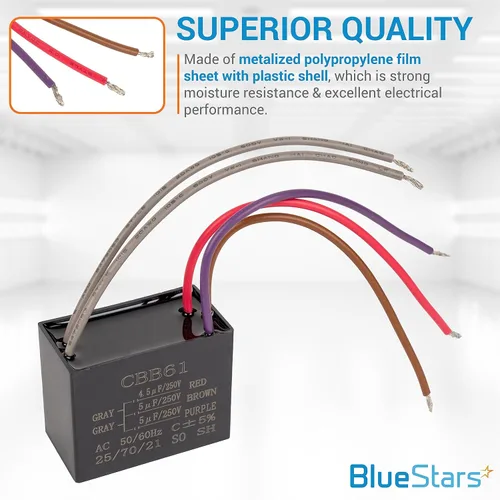 Miniatura 4 de BlueStars - Condensador de ventilador de techo CBB61 de 4.5uf+5uf+5uf de 5 cables y 250 V CA, paquete de 1, repuesto para ventilador de techo