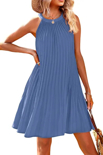Miniatura 2 de SAMPEEL Vestidos de verano para mujer, casual, cuello halter, sin mangas, plisados, línea A, botón en la parte trasera con cinturón