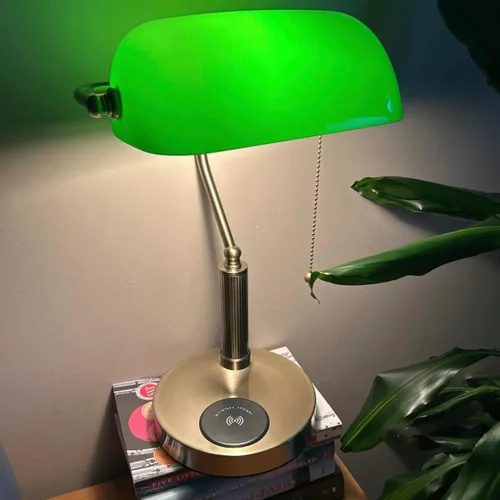 Miniatura 8 de FIRVRE Lámpara de Escritorio de Banco de Vidrio con Puerto de Carga Inalámbrica USB Lámpara de Escritorio LED Lámpara de Mesa con Cadena de Tirón