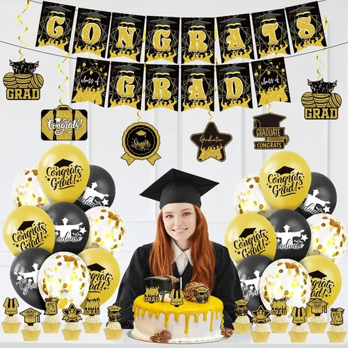 Miniatura 6 de KatchOn, Cartel de graduación de felicitaciones negras y doradas – Paquete de 37 Cartel de graduación de felicitaciones para decoraciones