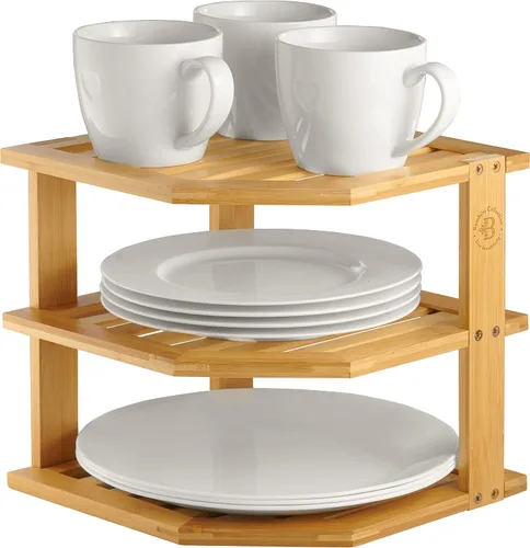 Miniatura 9 de Paquete de 2 organizadores de platos para gabinete, estante esquinero de bambú para almacenamiento de cocina o baño, estante que ahorra espacio