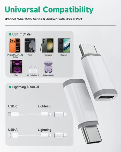 Miniatura 2 de LERTOSEN Paquete de 4 adaptadores Lightning a USB C, carga rápida y sincronización de datos para iPhone 15/16/17 Pro/Pro Max, accesorio adaptador
