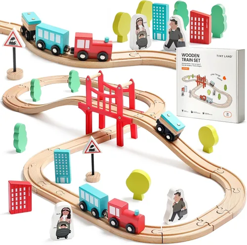 Tiny Land Juego de tren de madera para niños pequeños, 39 piezas, con pistas de madera compatibles con las principales marcas, juguete de tren