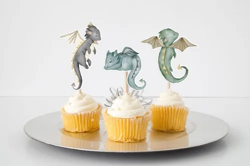 Miniatura 3 de Decoración para cupcakes de dragón, 10 piezas, suministros para baby shower y fiesta de cumpleaños con lindos dragones de fantasía para niños