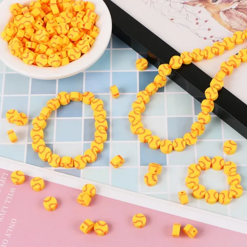 Miniatura 4 de EVERMARKET 200 cuentas amarillas de arcilla polimérica de béisbol, 0.394 pulgadas, redondas, sueltas para hacer joyas, manualidades, cuentas