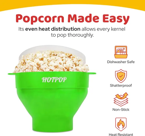 Miniatura 4 de El Hotpop Original - Palomitero para microondas, Popcorn, contenedor de silicona para hacer de palomitas de maíz, cuenco plegable sin BPA y apto