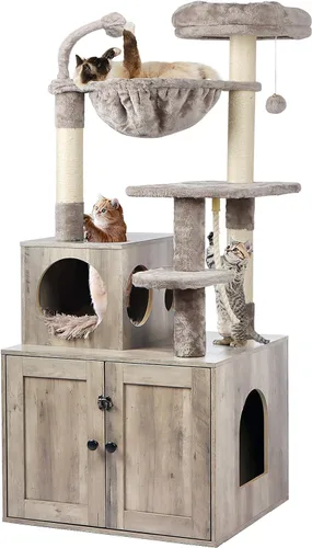 Timberer Árbol para gatos con recinto para caja de arena, torre para gatos 2 en 1 para gatos de interior, condominio grande de madera para gatos con