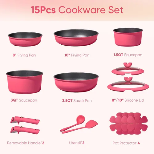 Miniatura 2 de CAROTE Juego de 15 piezas de ollas y sartenes antiadherentes, juego de utensilios de cocina no tóxico con mango desmontable, juego de cocina