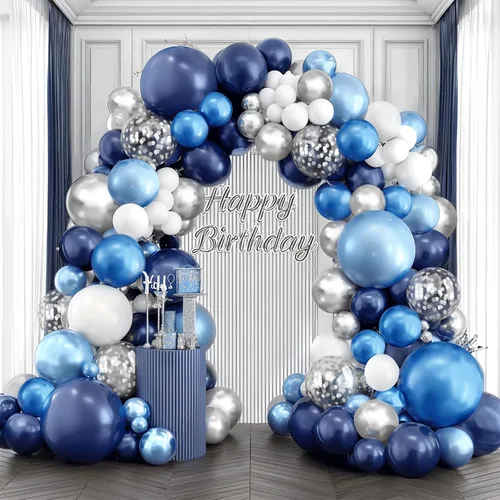 Kit de arco de globos azul, blanco y plateado, globos azul marino y blancos con globos metálicos de confeti azul claro, azul oscuro y plateado, Azul