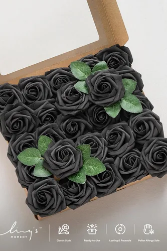 Miniatura 7 de Ling's Moment - Rosas artificiales de espuma, color negro, de aspecto realista con tallo, para bricolaje, decoración de Halloween, ramos de boda