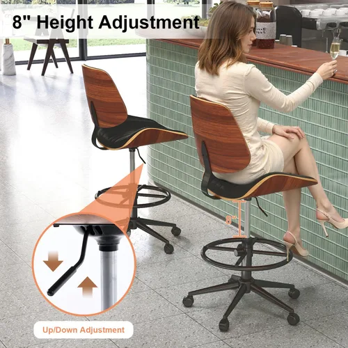 Miniatura 4 de Silla de dibujo, silla de oficina ergonómica con respaldo de madera de nogal, silla de escritorio de piel sintética sin brazos con altura ajustable