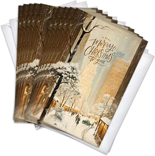 Wright Home & Gift Snowy City Scene Tarjetas de Felicitación Navideñas Vintage Retro | Set a Granel de 10 + 10 Sobres (4x6)