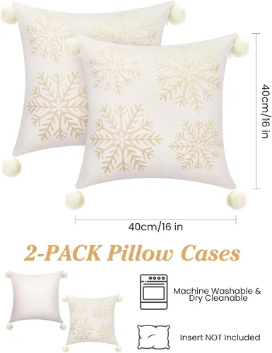 Miniatura 6 de Lewondr Fundas de almohada decorativas de Navidad, bordado de copos de nieve 16x16, fundas de almohada para el hogar, Navidad dorada, decorativas