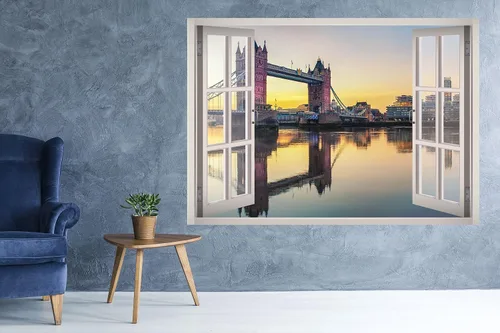 Miniatura 2 de Vinilo decorativo 3D con ventana de vista del río Támesis de la torre del puente de Londres, diseño removible, vinilo para decoración del hogar