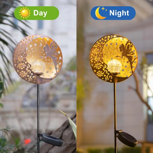 Miniatura 8 de Tryme Luces solares de jardín de hadas, estaca de globo de cristal con estrella de luna, luces decorativas impermeables para exteriores, patio