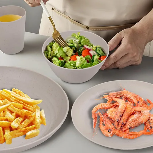 Miniatura 4 de LIYH - Juego de vajilla de paja de trigo de plástico beige de 48 piezas - Juegos de platos y tazones reutilizables, platos irrompibles, tazón, taza
