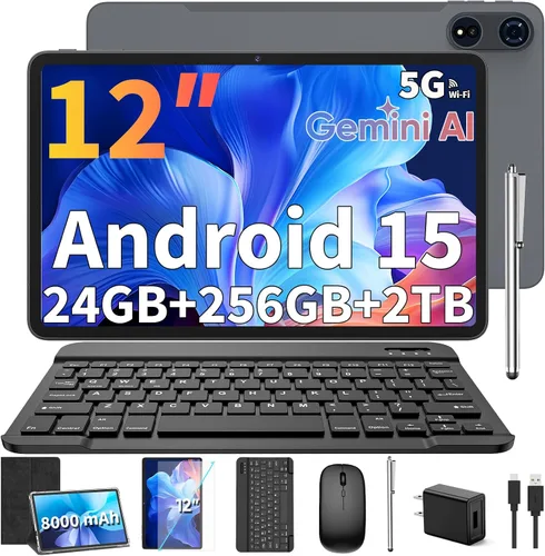 Tablet Android 15 de 12 pulgadas, tableta 2026 con teclado, 24GB+256GB+2TB Expand, tabletas 2 en 1 con Gemini AI, Octa-Core, 8000mAh, WiFi 5G,
