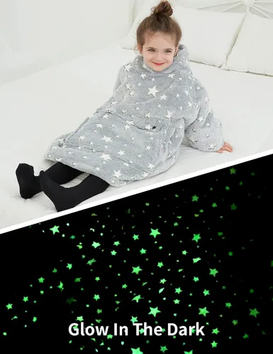 Miniatura 3 de Manta con Capucha Usable NOUKOW Manta Sherpa de Gran Tamaño Sudadera de Franela con Bolsillo Grande Estrellas que brillan en la oscuridad