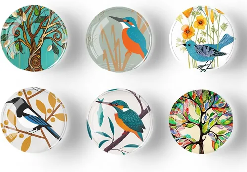 Miniatura 6 de 12 imanes de pájaros para refrigerador, imán redondo magnético de vidrio para decoración de nevera para taquilla, oficina escolar, pizarra blanca