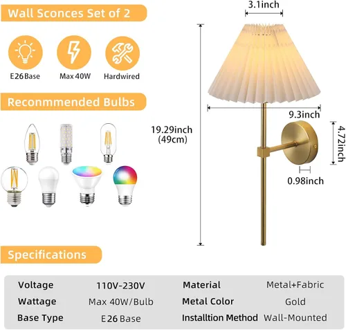 Miniatura 3 de KELUOLY Apliques de Pared Juego de 2 Pantalla de Tela Blanca Lámpara de Pared Dorada Soporte de Ménsula de Columna Iluminación de Pared Baño Tocador