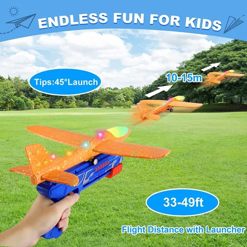 Miniatura 2 de Paquete de 3 lanzadores de aviones de juguete para niños, planeador de espuma ligera LED con lanzador de avión para jugar al aire libre, juguete