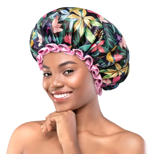 Miniatura 8 de mikimini Gorro de ducha grande para mujer, de pelo largo, con encaje rosa, reutilizable, impermeable, para niñas