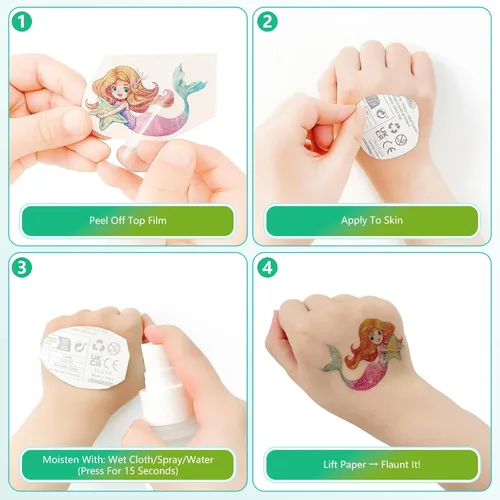 Miniatura 3 de Más de 150 tatuajes temporales con purpurina para niñas – Adhesivos impermeables envueltos individualmente – Sirena, unicornio, hada, mariposa y más