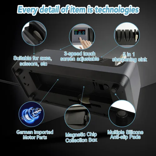 Miniatura 4 de Afilador de cuchillos eléctrico 5 en 1 con abrasivos 100% diamante, variable de 3 velocidades con pantalla LCD para cuchillas de césped dentadas