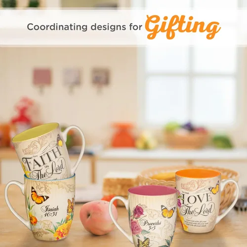 Miniatura 5 de Christian Art Gifts Taza de café de cerámica con diseño de rosas rosadas y mariposas amarillas – Taza de 12 oz. sin plomo, taza inspiradora