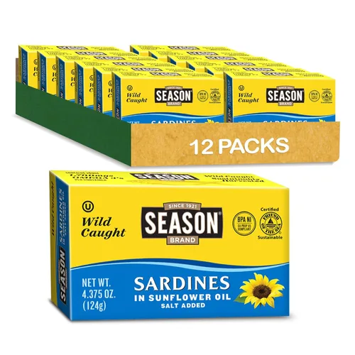 Miniatura 12 de Season Sardinas en aceite de oliva – capturadas en la naturaleza, 0.78 oz de proteína, bocadillos Keto, más Omega 3 que atún, Kosher, alto