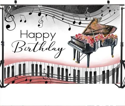 Miniatura 3 de Mocsicka Fondo de cumpleaños de piano, tema musical, decoraciones de cumpleaños, notas de piano, teclas, suministros de fiesta de cumpleaños