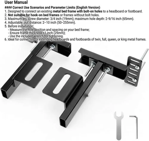 Miniatura 2 de QWORK Soportes de marco de cama de metal ajustables – Kit de extensión de cabecero atornillado para camas individuales, matrimoniales y queen