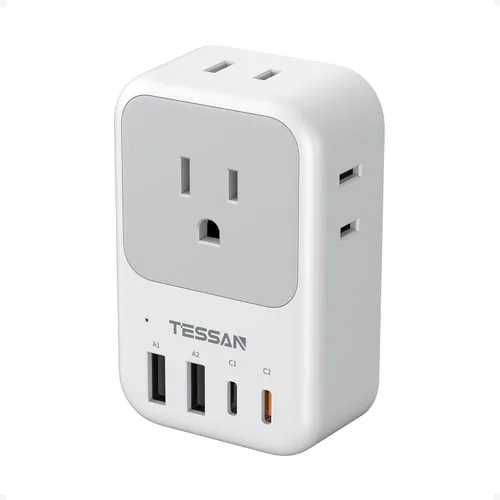 Miniatura 10 de Adaptador de enchufe de viaje europeo, adaptador de corriente TESSAN International con 4 tomas, 4 puertos USB (2 USB-C, 1 con PD 20W), adaptador