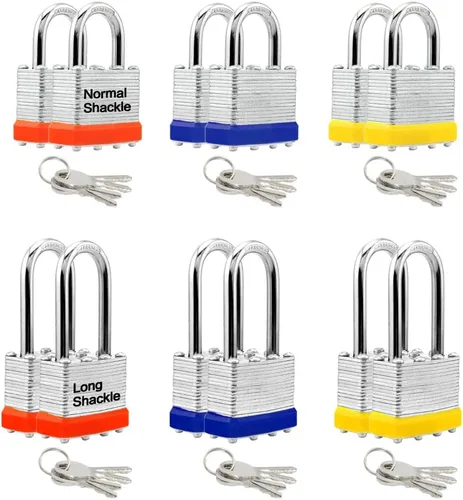Miniatura 10 de LanuBe Candado laminado con llave, 1-9/16 pulgadas (40 mm), candados con llave iguales, grillete normal, aro de plástico azul marcado, paquete de 2